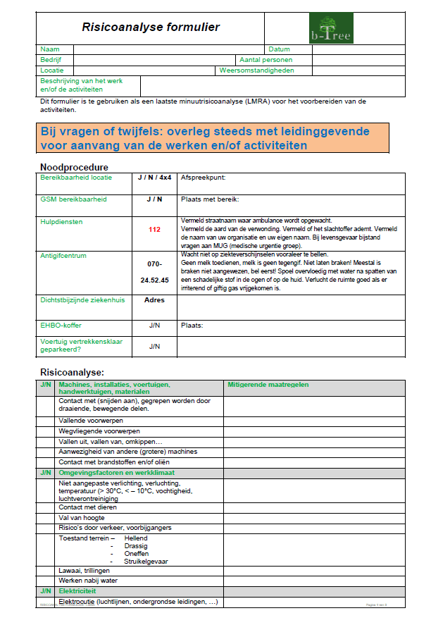 Risicoanalyse formulier noodzakelijk voor het veilig kunnen kappen van een boom