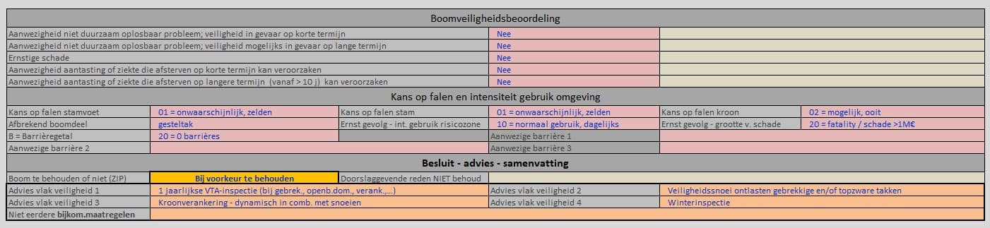 Printscreen van deel van de boomveiligheidsfiche met de finale te nemen maatregelen.